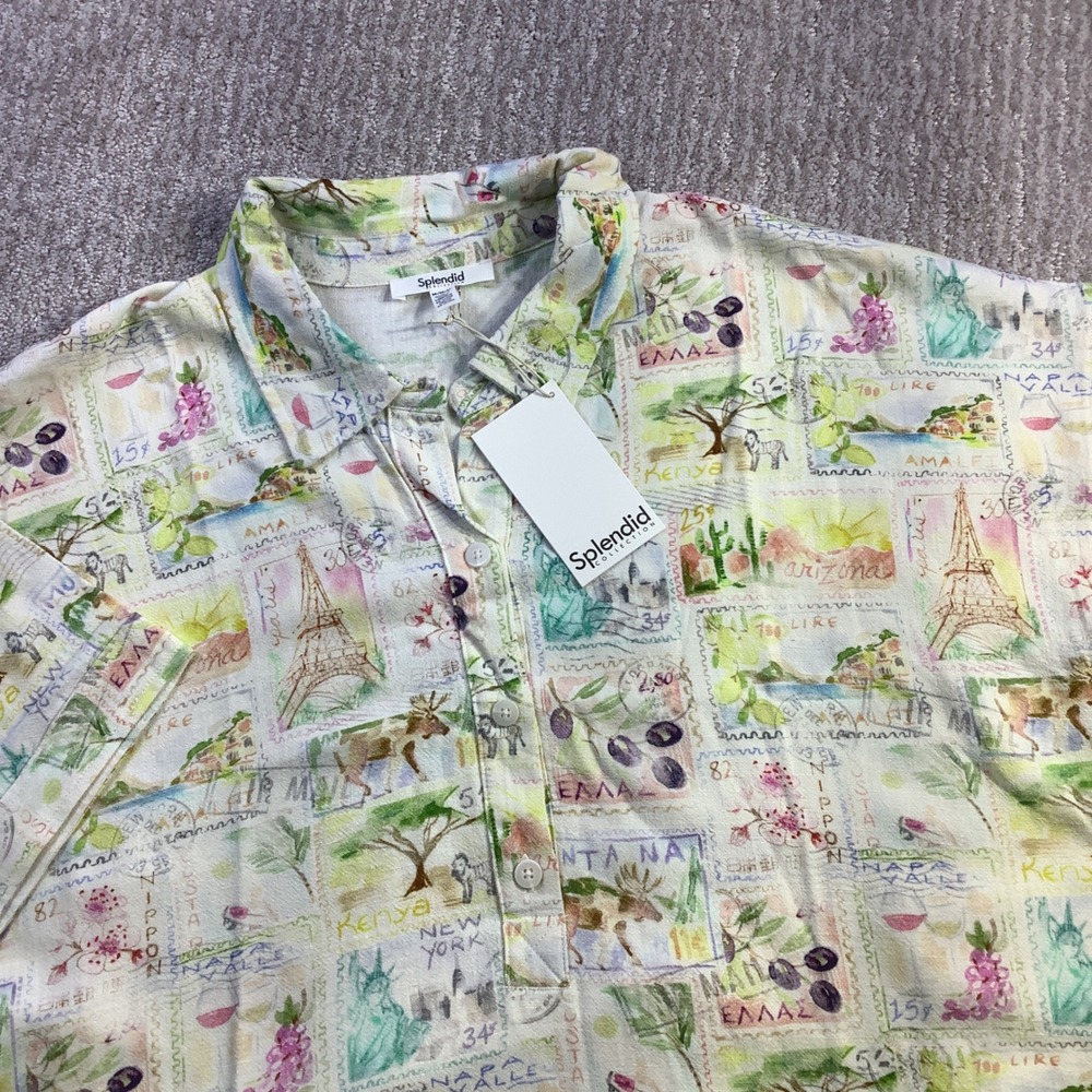 Splendid Travel Stamp Postcard Print Linen Blend Shirt Womens Size M NWT